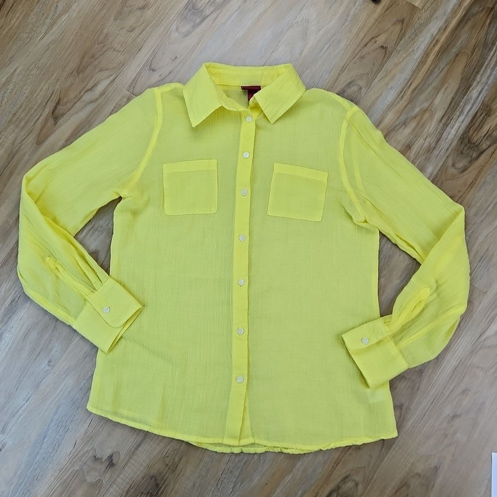 💜Merona Yellow Gauzy Lightweight Adjustable Roll Tab Long Sleeve Top Small